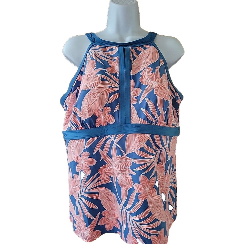 Swim Top 16 DDD Halter Tankini Blue Coral Floral Padded Bra (L) Lands End  S402